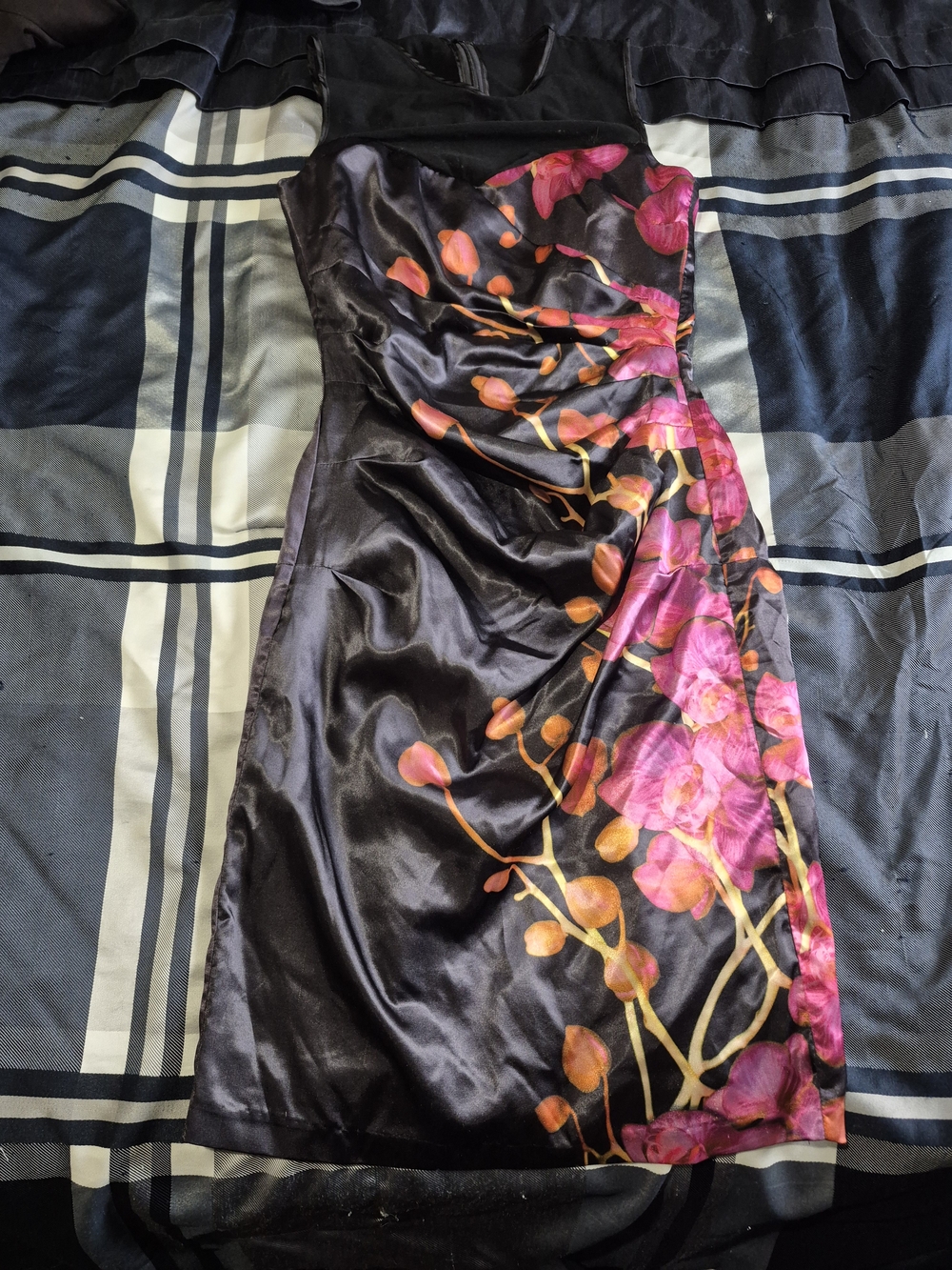 le chateau Strapless Black Satin Dress with Pink & Orange Floral Accents